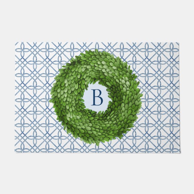 Boxwood Wreath Monogrammed Welcome Doormat (Front)