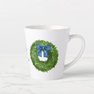 Boxwood Wreath with Blue Bow Ceramic  Latte Mug