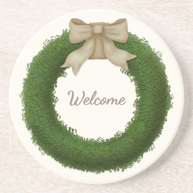 Boxwood Wreath With Bow Custom Name or Greeting Coaster (Front)