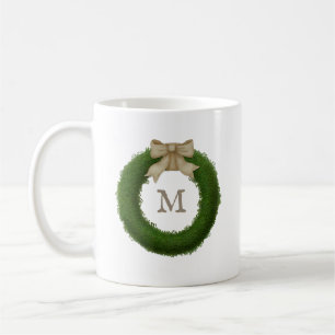 Boxwood Wreath With Rustic Bow Custom Monogrammed Coffee Mug