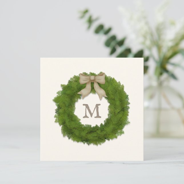 Boxwood Wreath With Rustic Bow Custom Monogrammed Invitation (Standing Front)