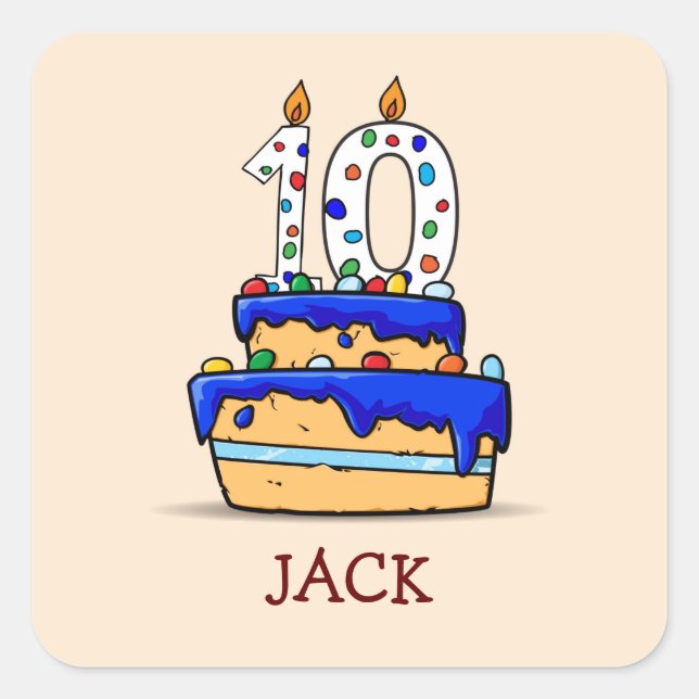 Boy 10th Birthday, 10 on Sweet Blue Cake Square Sticker (Front)