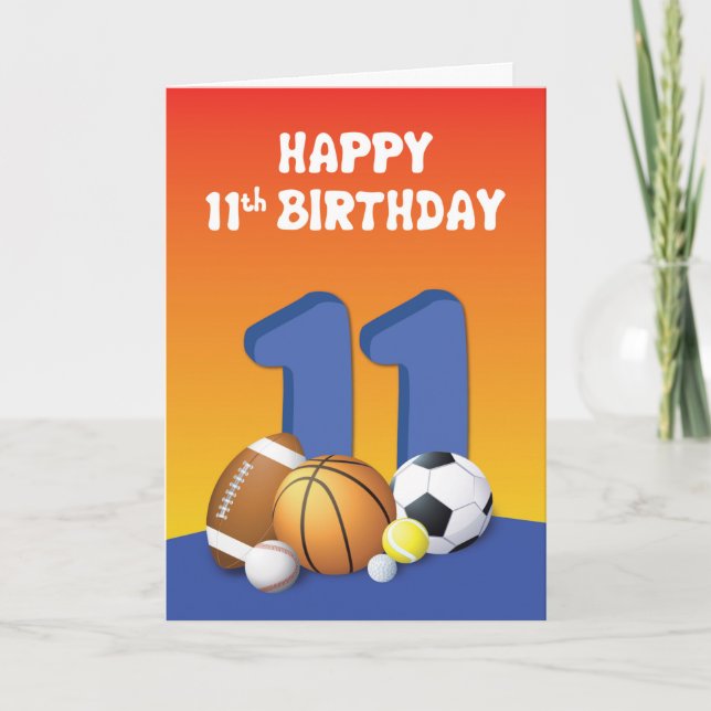 Boy 11th Birthday Sports Balls Card (Front)