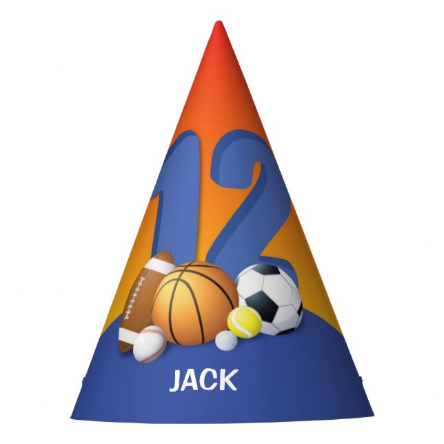 Boy 12th Birthday Sports Balls Party Hat (Front)