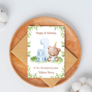 Boy 1st Birthday Greenery Teddy Bear Card