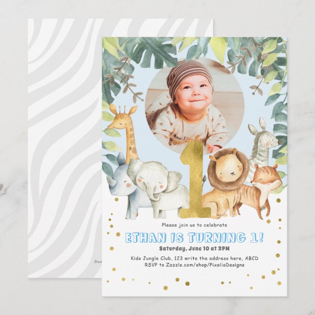 Boy 1st Birthday Safari Jungle animals blue photo Invitation (Front/Back)