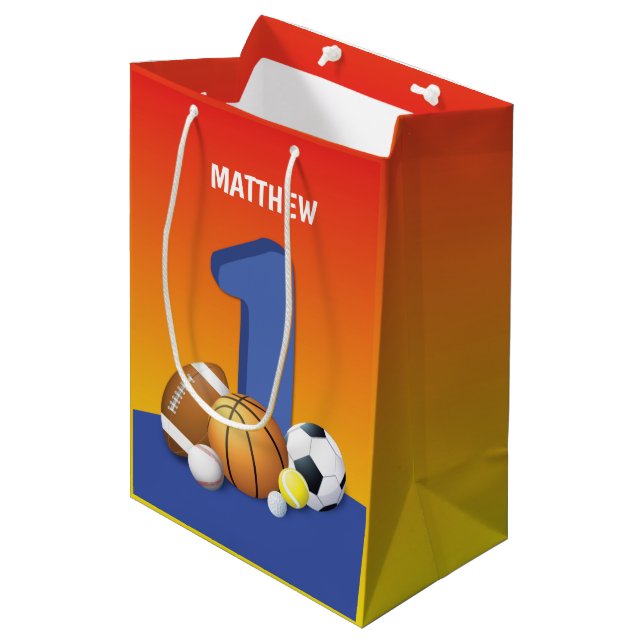 Boy 1st Birthday Sports Balls Medium Gift Bag (Front Angled)