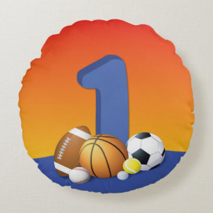 Boy 1st Birthday Sports Balls Round Pillow