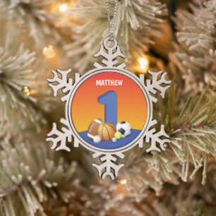 Boy 1st Birthday Sports Balls Snowflake Pewter Christmas Ornament