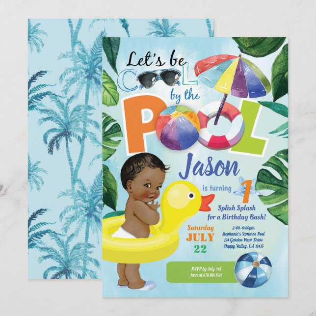 Boy 1st first birthday pool party tropical invitation (Front/Back)