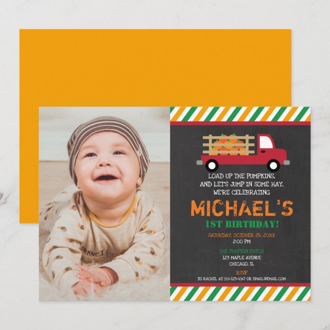 Boy 1st first birthday pumpkin patch halloween invitation (Front/Back)