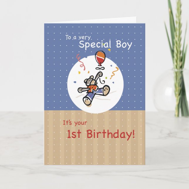 Boy 1st Teddy Bear Balloon Birthday Card (Front)