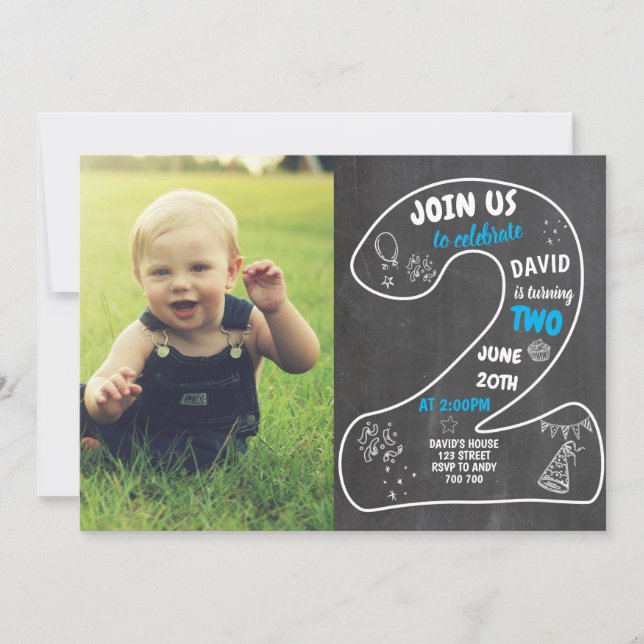 Boy 2nd Birthday Chalkboard with Photo Blue Invitation (Front)