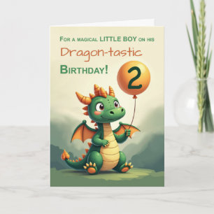 Boy 2nd Birthday Cute Dragon Holding Balloon Card