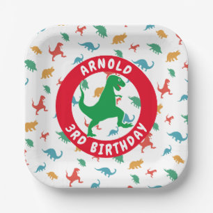Boy 3rd Birthday Party Dinosaur Pattern T-Rex Paper Plate
