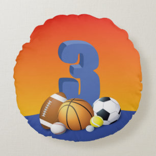 Boy 3rd Birthday Sports Balls Round Pillow