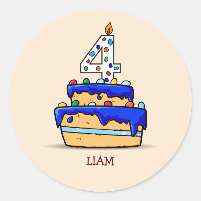 Boy 4th Birthday, 4 on Sweet Blue Cake Classic Round Sticker (Front)
