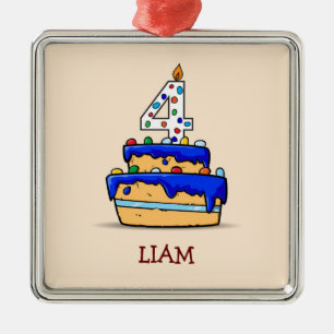 Boy 4th Birthday, 4 on Sweet Blue Cake Metal Ornament