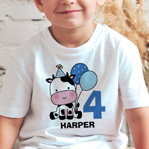 Boy 4th Birthday Cow Blue Balloons Personalized T-Shirt