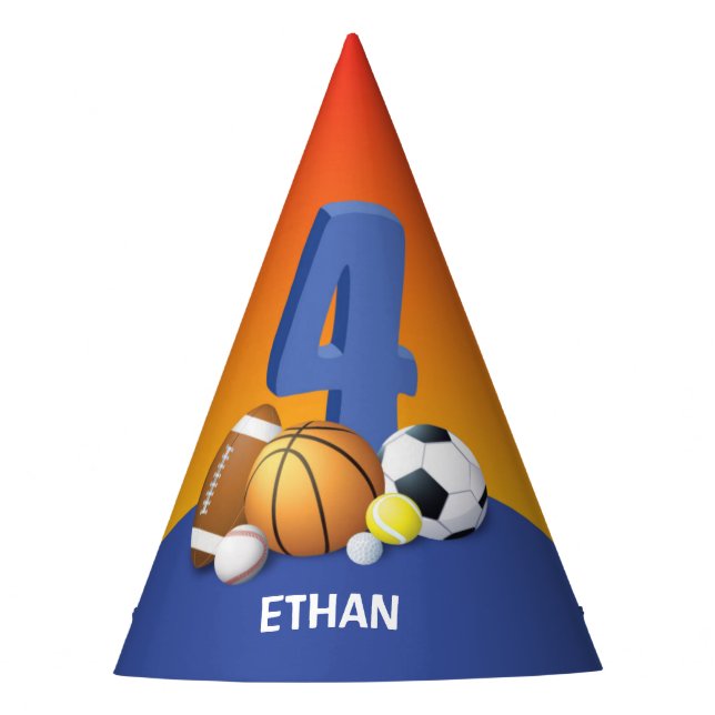 Boy 4th Birthday Sports Balls Party Hat (Front)