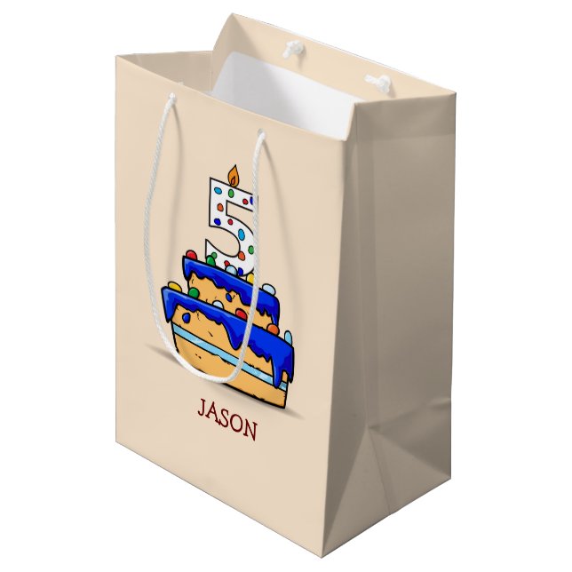 Boy 5th Birthday, 5 on Sweet Blue Cake Medium Gift Bag (Front Angled)