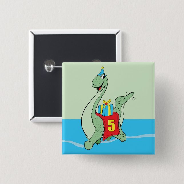 Boy, 5th Birthday Dinosaur 2 Inch Square Button (Front & Back)