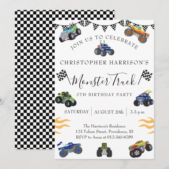 Boy 5th Birthday Party Monster Truck Invitation (Front/Back)