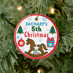 Boy 5th Christmas Horse Tree PHOTO Ceramic Ornament