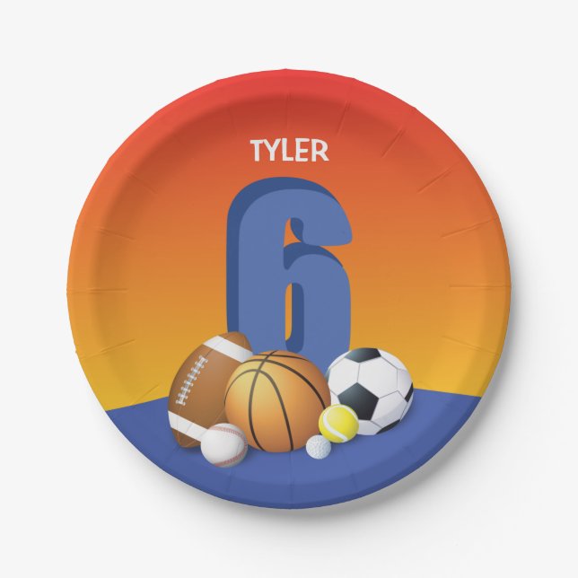 Boy 6th Birthday Sports Balls Paper Plate (Front)