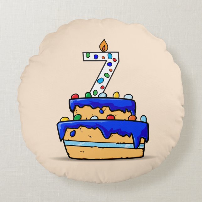 Boy 7th Birthday, 7 on Sweet Blue Cake Round Pillow (Front)