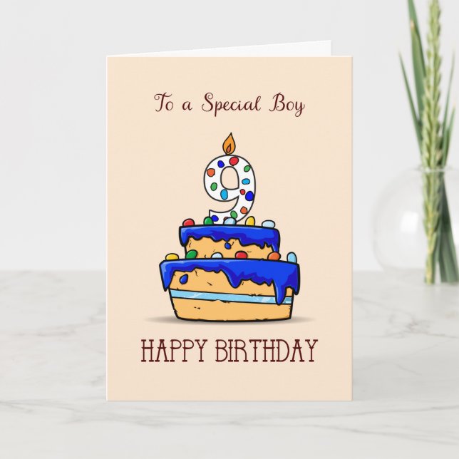 Boy 9th Birthday, 9 on Sweet Blue Cake Card (Front)