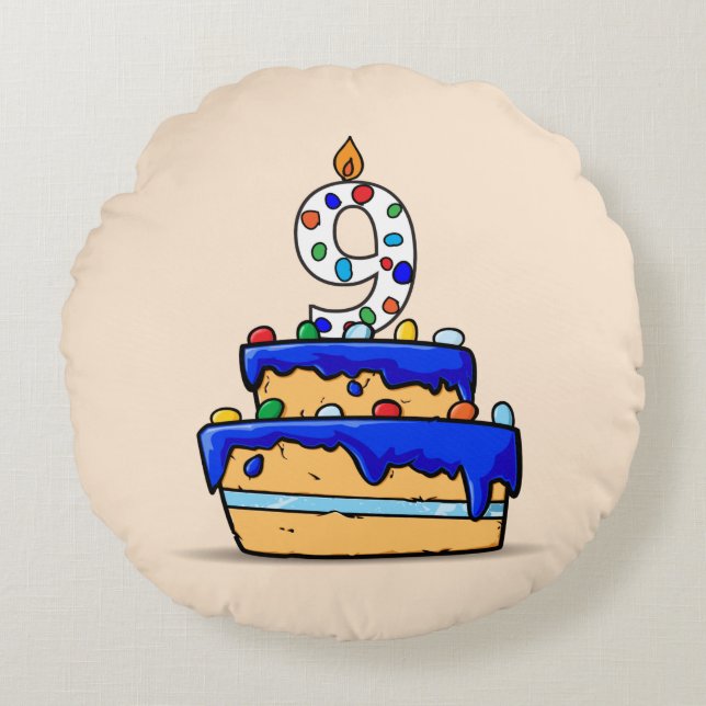 Boy 9th Birthday, 9 on Sweet Blue Cake Round Pillow (Front)