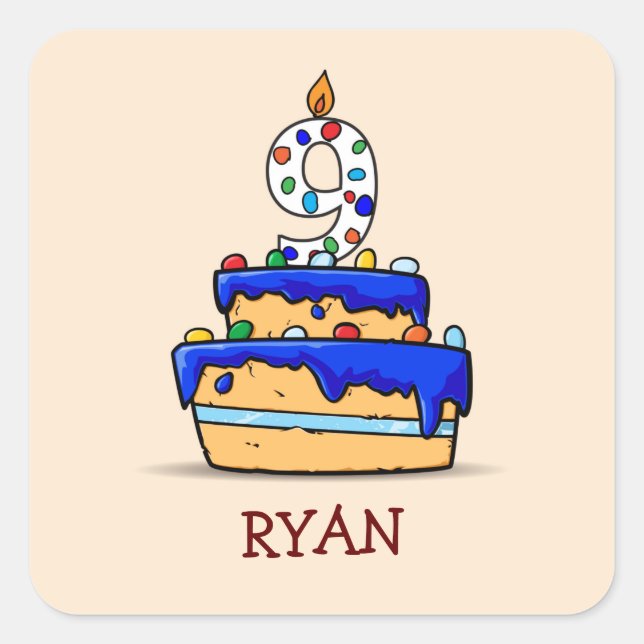 Boy 9th Birthday, 9 on Sweet Blue Cake Square Sticker (Front)