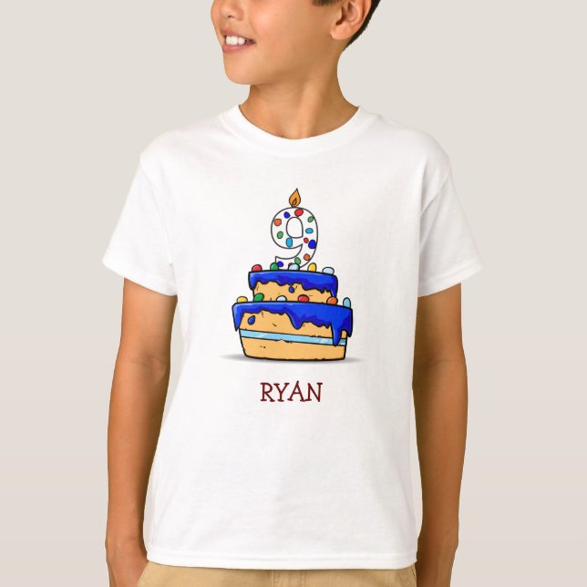Boy 9th Birthday, 9 on Sweet Blue Cake T-Shirt (Front)