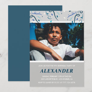 Boy 9th birthday invitations Confetti Photo Navy