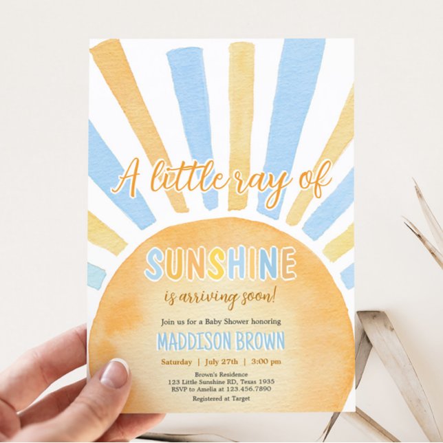 Boy A Little Ray of Sunshine Baby Shower  Invitation (Blue Boho Sunshine Baby Shower Invitation)