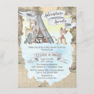 Boy Adventure Awaits Travel Map Baby Shower Invitation