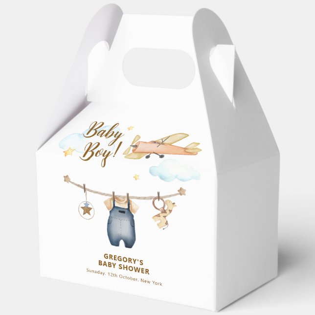 Boy Adventure Clothesline Airplane Sky Baby Shower Favor Box (Front)