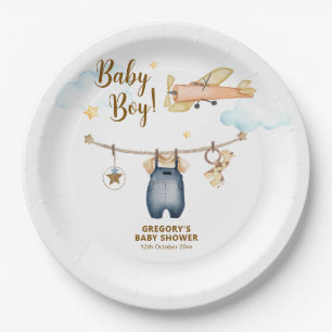 Boy Adventure Clothesline Airplane Sky Baby Shower Paper Plate
