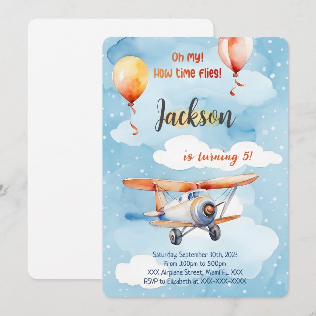 Boy Airplane Birthday Party Invitation (Front/Back)