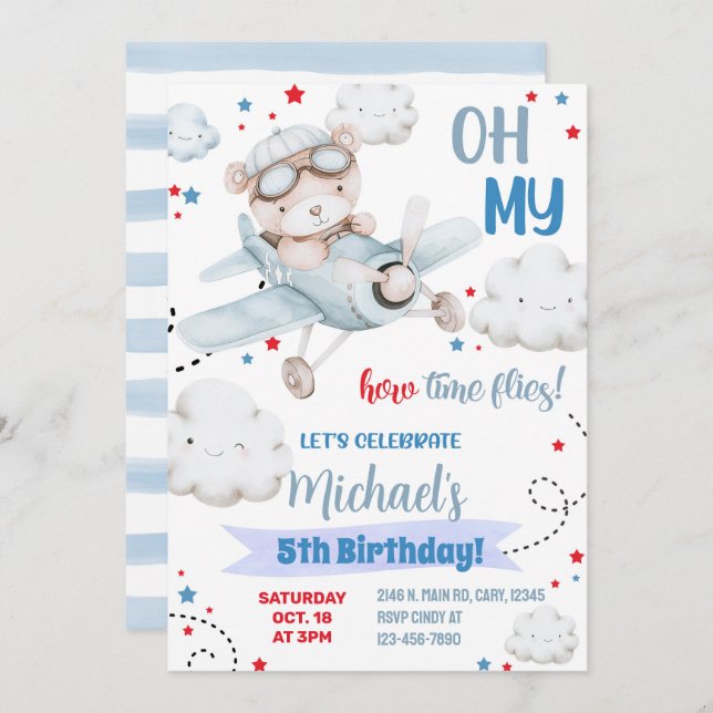 Boy airplane party invitation, bear plane birthday invitation (Front/Back)