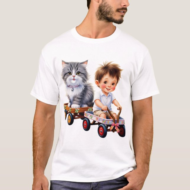 Boy and cat on top of the car t-shirt (Front)