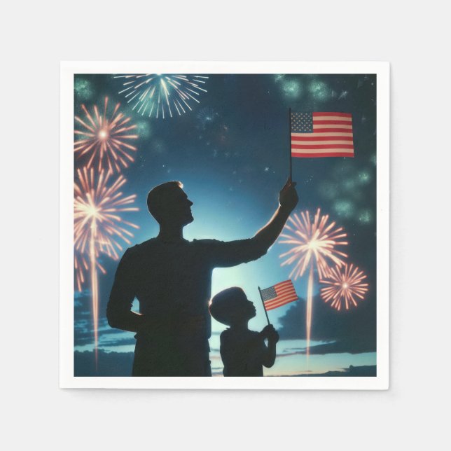 Boy and Dad With American Flags and Fireworks Napkin (Front)