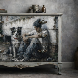Boy and Dog Rainy Urban Stillness Decoupage Tissue Paper