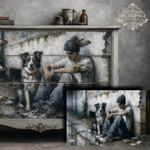 Boy and Dog Rainy Urban Stillness Decoupage Tissue Paper