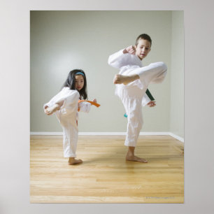 Boy and girl (4-9) practising Taekwondo kicks Poster