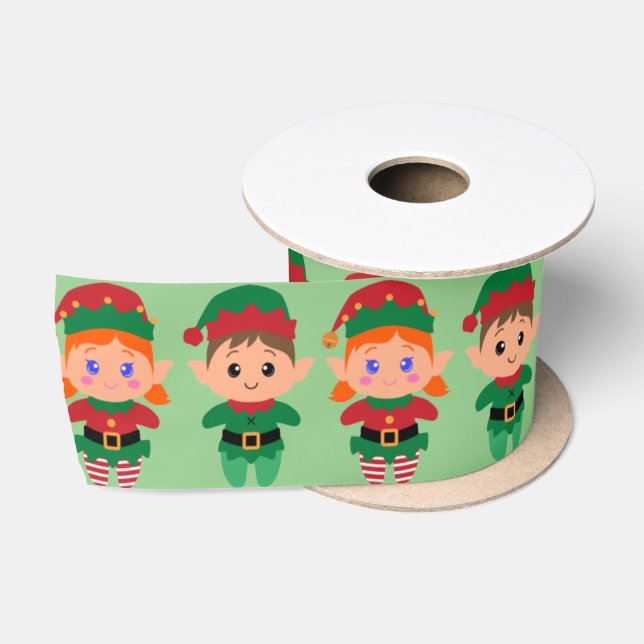 Boy and Girl Christmas Elves Green Satin Ribbon (Spool)