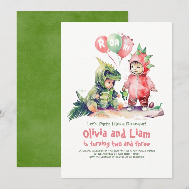Boy and Girl Dinosaur Joint Birthday Invitation (Front/Back)