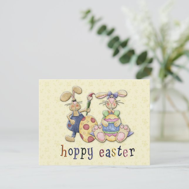 Boy and Girl Easter Bunnies Painting Easter Eggs Card (Standing Front)