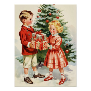 Boy and girl giving each other Christmas presents Poster
